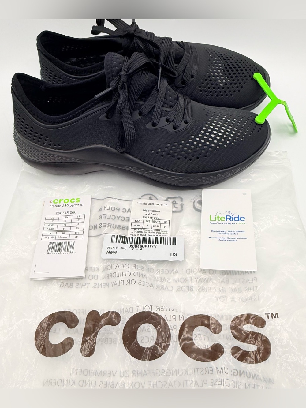 Crocs LiteRide 360 Pacer Men’s Size 7 Black Black 206715-060 NWT Sneakers